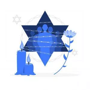 מגן דוד עם אנשים מאחורי גדר ונרות זיכרון